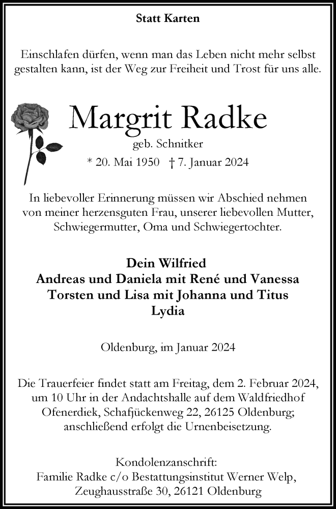  Traueranzeige für Margrit Radke vom 13.01.2024 aus Nordwest-Zeitung