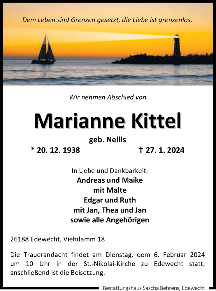  Traueranzeige für Marianne Kittel vom 31.01.2024 aus Nordwest-Zeitung