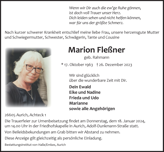 Traueranzeige von Marion Fleßner von Nordwest-Zeitung