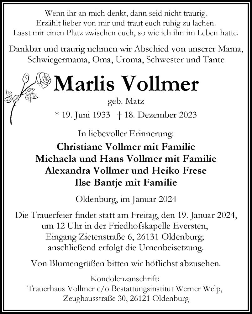 Traueranzeige für Marlis Vollmer vom 06.01.2024 aus Nordwest-Zeitung
