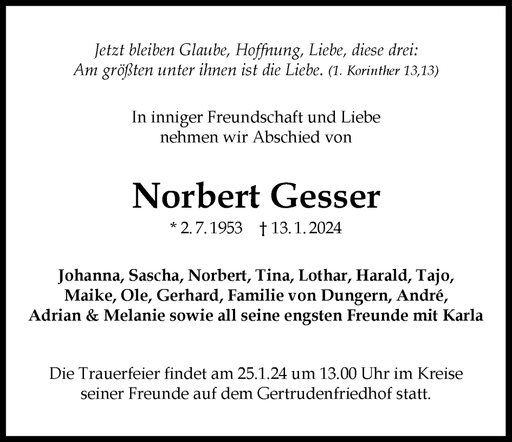  Traueranzeige für Norbert Gesser vom 23.01.2024 aus Nordwest-Zeitung