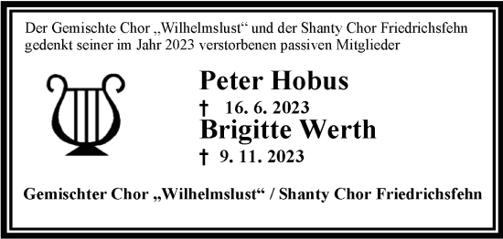 Traueranzeige von Peter Hobus von Nordwest-Zeitung