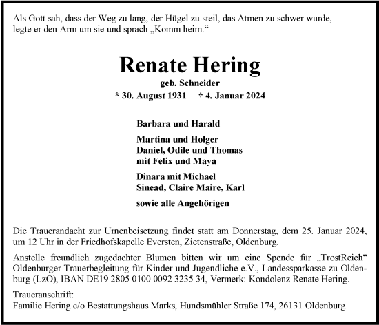 Traueranzeige von Renate Hering von Nordwest-Zeitung