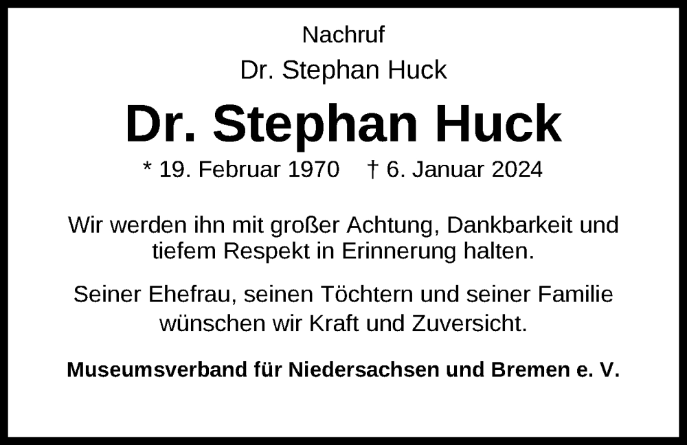  Traueranzeige für Dr. Stephan Huck vom 12.01.2024 aus Nordwest-Zeitung