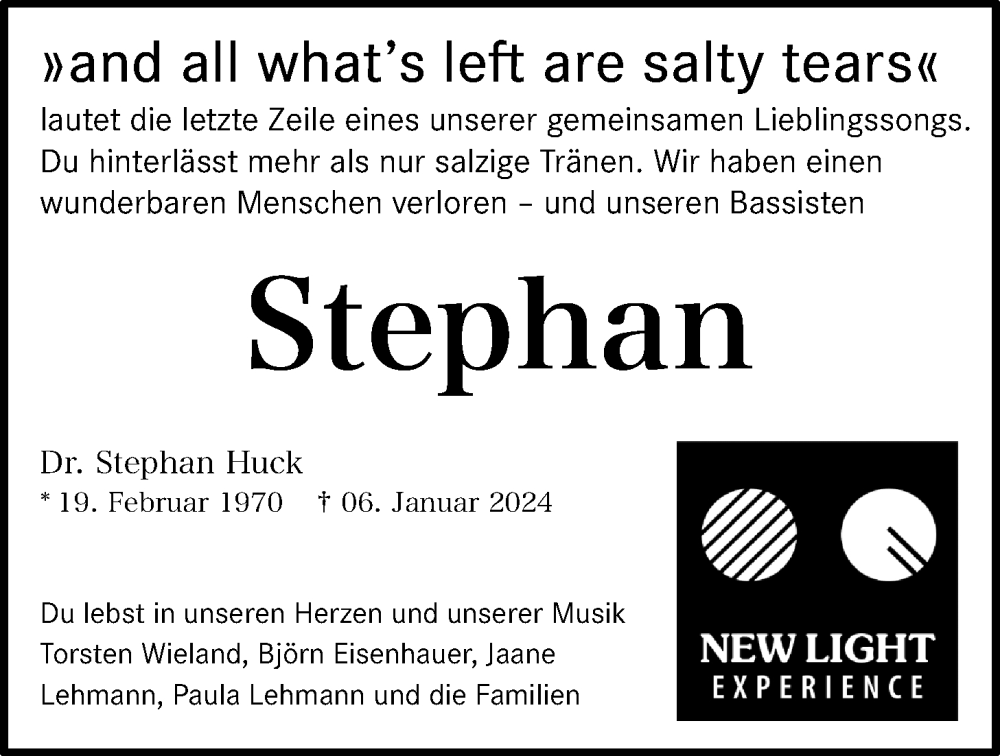  Traueranzeige für Dr. Stephan Huck vom 10.01.2024 aus WZ/JW/AH