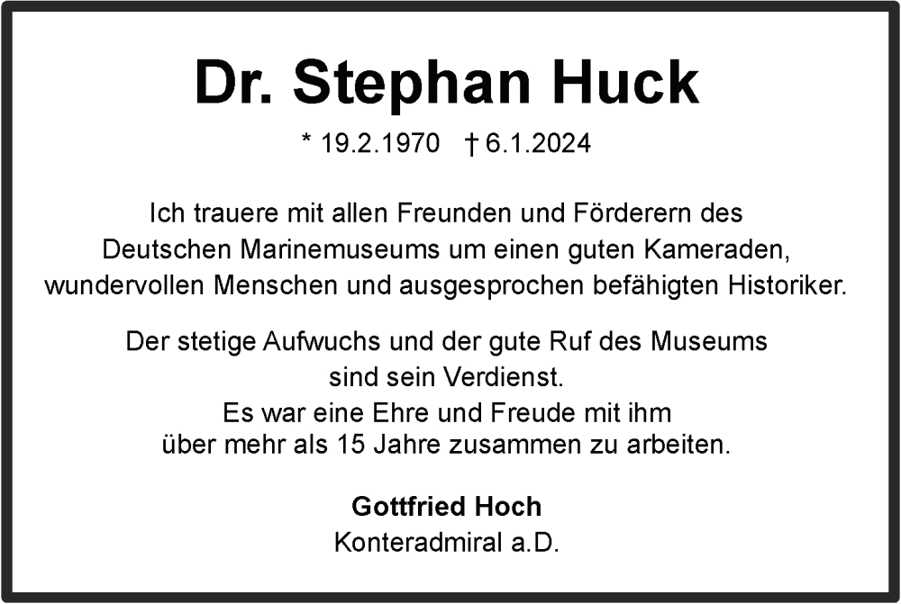  Traueranzeige für Dr. Stephan Huck vom 10.01.2024 aus WZ/JW/AH