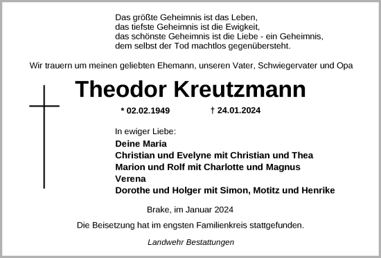 Traueranzeige von Theodor Kreutzmann von Nordwest-Zeitung