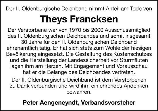 Traueranzeige von Theys Francksen von Nordwest-Zeitung