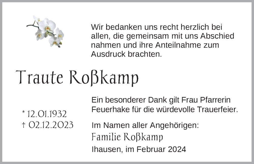  Traueranzeige für Traute Roßkamp vom 27.01.2024 aus Nordwest-Zeitung