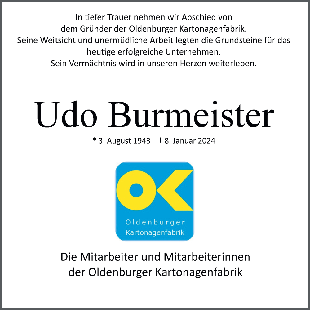 Traueranzeige für Udo Burmeister vom 13.01.2024 aus Nordwest-Zeitung