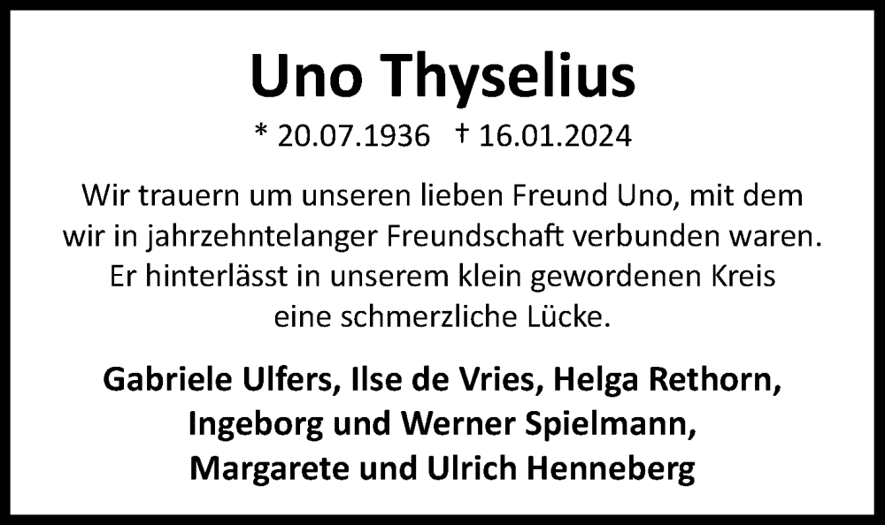  Traueranzeige für Uno Thyselius vom 20.01.2024 aus Nordwest-Zeitung