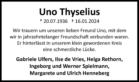 Traueranzeige von Uno Thyselius von Nordwest-Zeitung