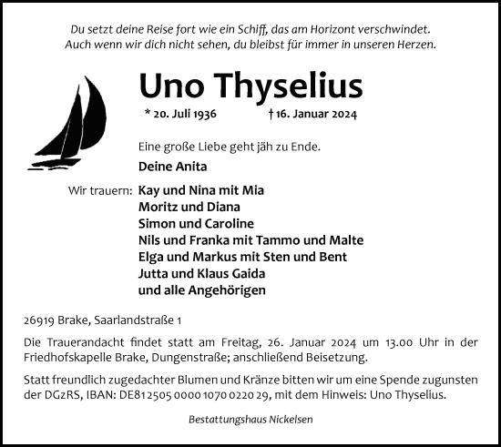 Traueranzeige von Uno Thyselius von Nordwest-Zeitung