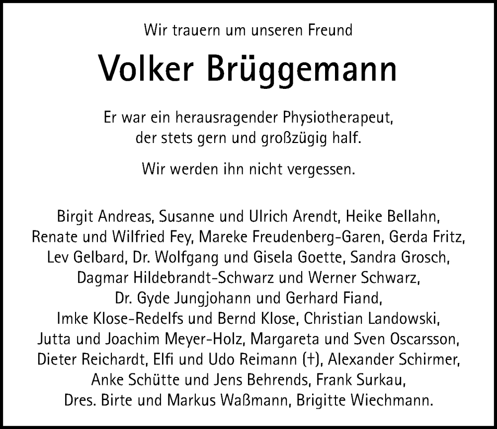  Traueranzeige für Volker Brüggemann vom 31.01.2024 aus Nordwest-Zeitung