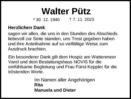 Traueranzeige von Walter Pütz von Nordwest-Zeitung
