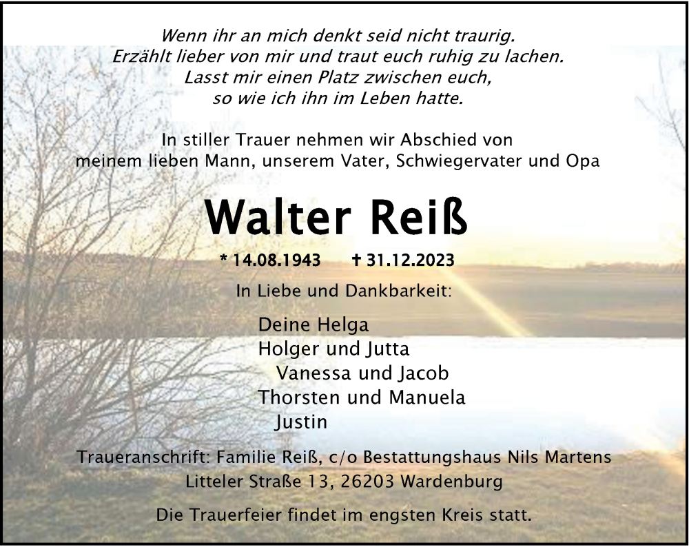 Traueranzeige für Walter Reiß vom 06.01.2024 aus Nordwest-Zeitung