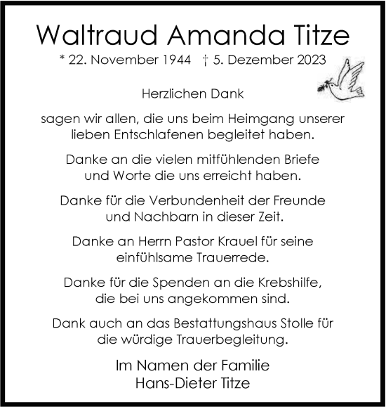 Traueranzeige von Waltraud Titze von Nordwest-Zeitung