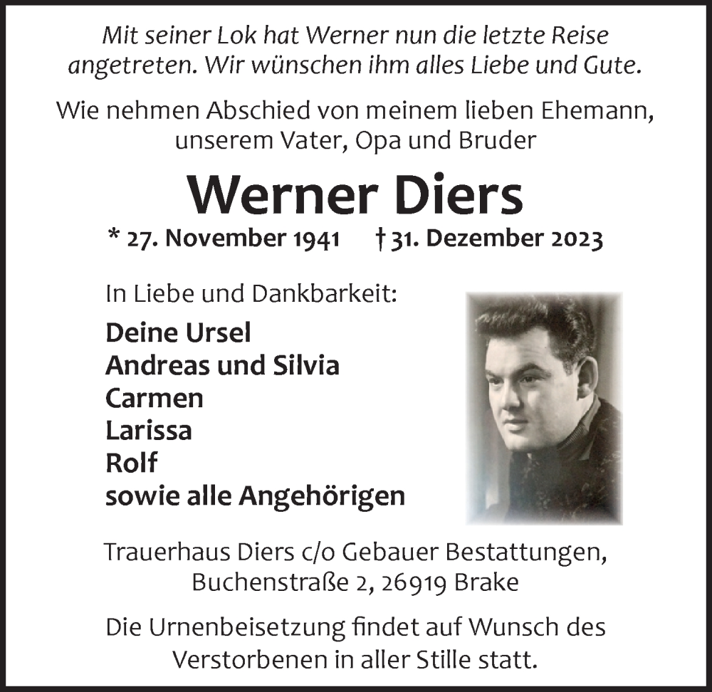  Traueranzeige für Werner Diers vom 06.01.2024 aus Nordwest-Zeitung