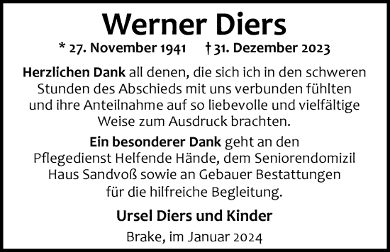 Traueranzeige von Werner Diers von Nordwest-Zeitung