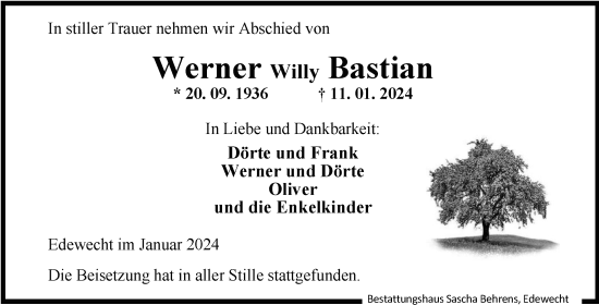 Traueranzeige von Werner Willy Bastian von Nordwest-Zeitung