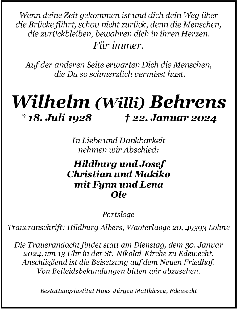  Traueranzeige für Wilhelm Behrens vom 25.01.2024 aus Nordwest-Zeitung