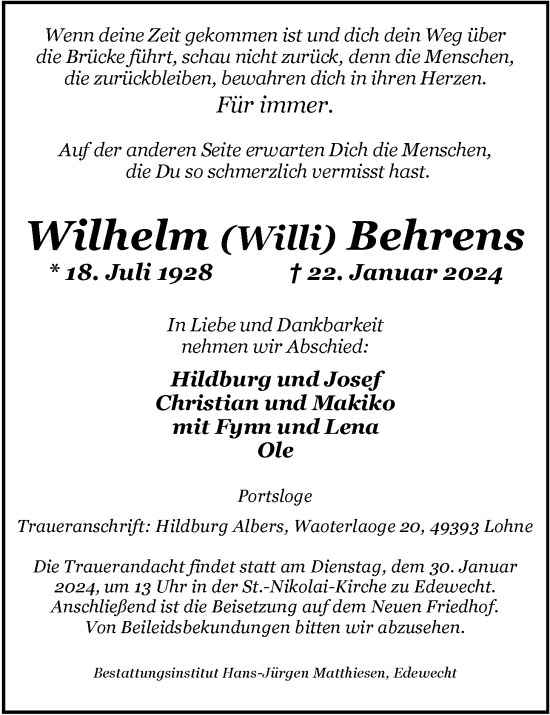 Traueranzeige von Wilhelm Behrens von Nordwest-Zeitung
