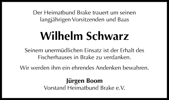 Traueranzeige von Wilhelm Schwarz von Nordwest-Zeitung