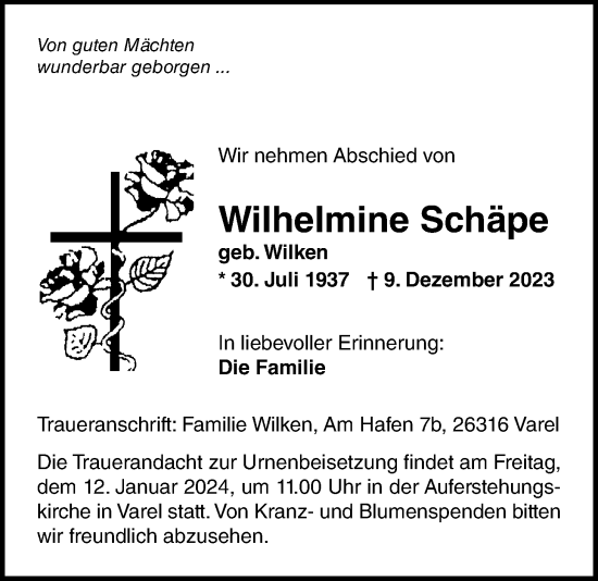 Traueranzeige von Wilhelmine Schäpe von Nordwest-Zeitung