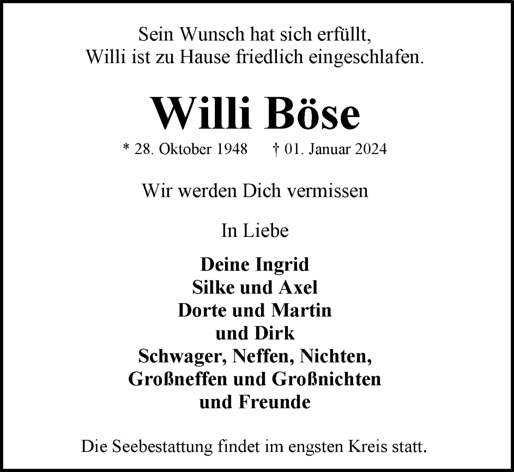  Traueranzeige für Willi Böse vom 06.01.2024 aus Nordwest-Zeitung