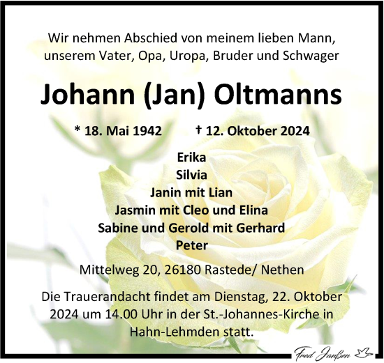 Traueranzeige von Johann Oltmanns von Nordwest-Zeitung