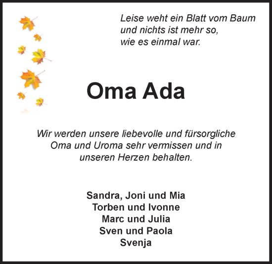 Traueranzeige von Ada Lüschen von Nordwest-Zeitung