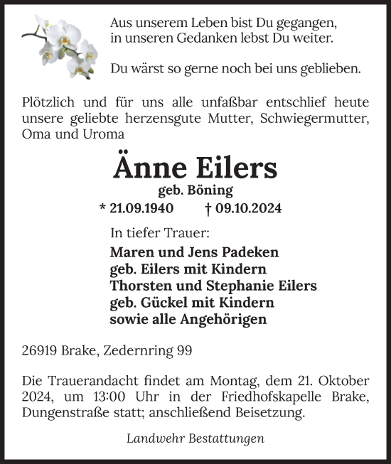 Traueranzeige von Änne Eilers von Nordwest-Zeitung