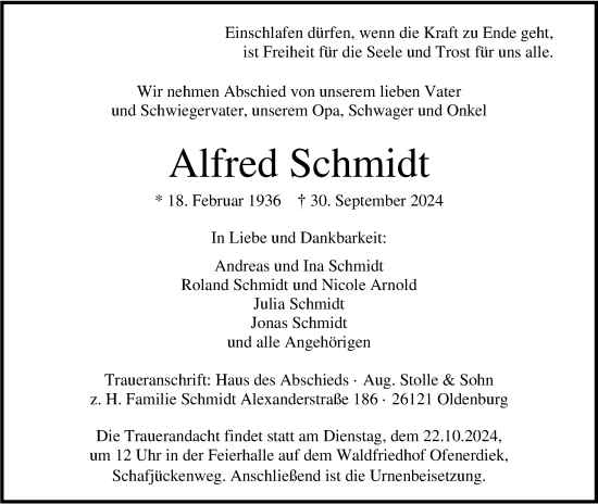 Traueranzeige von Alfred Schmidt von Nordwest-Zeitung