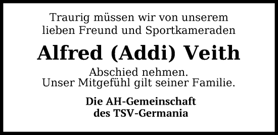 Traueranzeige von Alfred Veith von WZ/JW/AH
