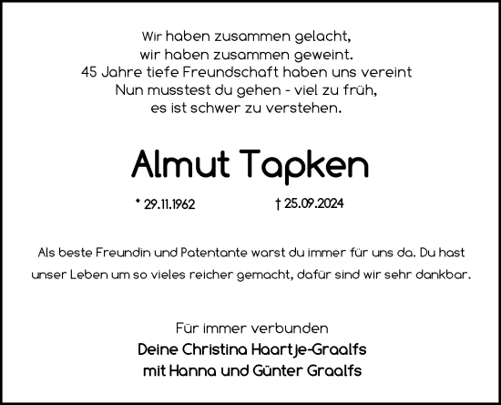 Traueranzeige von Almut Tapken von WZ/JW/AH