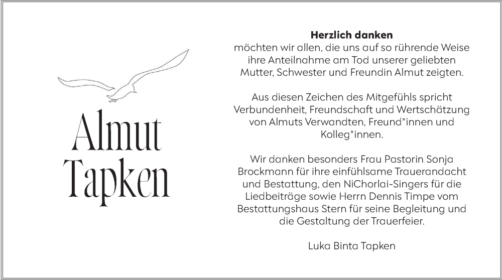  Traueranzeige für Almut Tapken vom 19.10.2024 aus Nordwest-Zeitung