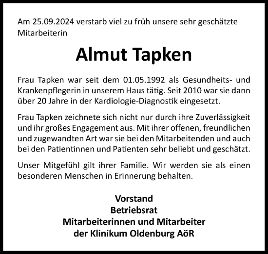 Traueranzeige von Almut Tapken von Nordwest-Zeitung