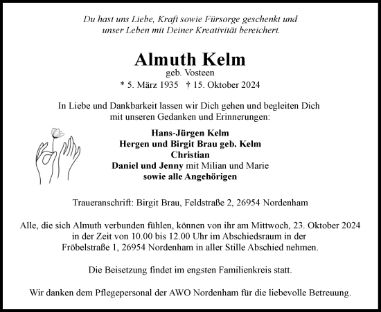 Traueranzeige von Almuth Kelm von Nordwest-Zeitung
