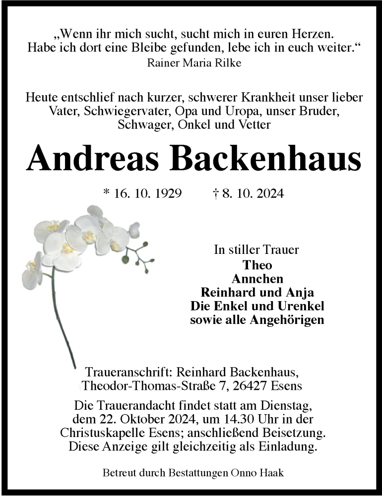  Traueranzeige für Andreas Backenhaus vom 15.10.2024 aus WZ/JW/AH