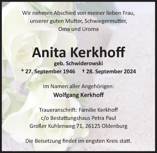 Traueranzeige von Anita Kerkhoff von Nordwest-Zeitung