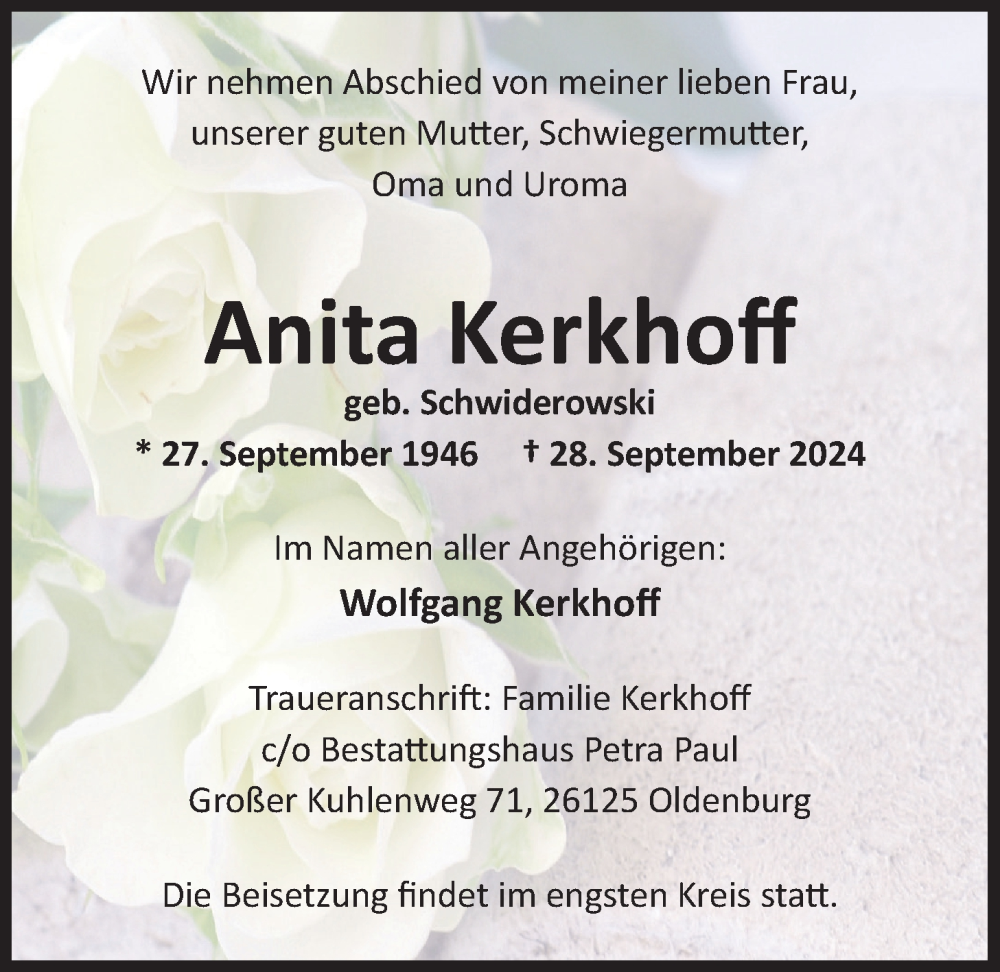  Traueranzeige für Anita Kerkhoff vom 05.10.2024 aus Nordwest-Zeitung