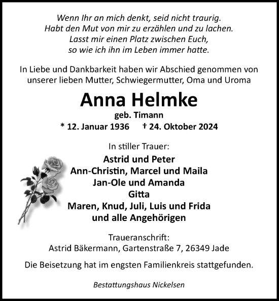 Traueranzeige von Anna Helmke von Nordwest-Zeitung