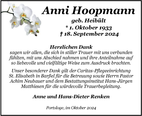 Traueranzeige von Anna Hoopmann von Nordwest-Zeitung