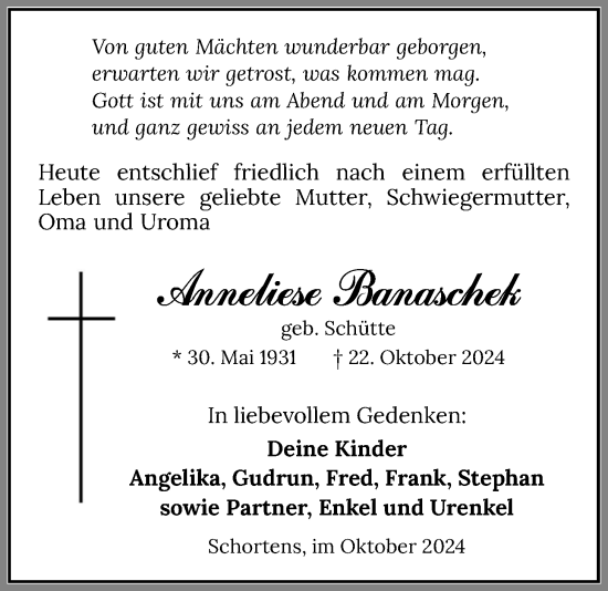 Traueranzeige von Anneliese Banaschek von WZ/JW/AH