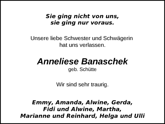 Traueranzeige von Anneliese Banaschek von WZ/JW/AH