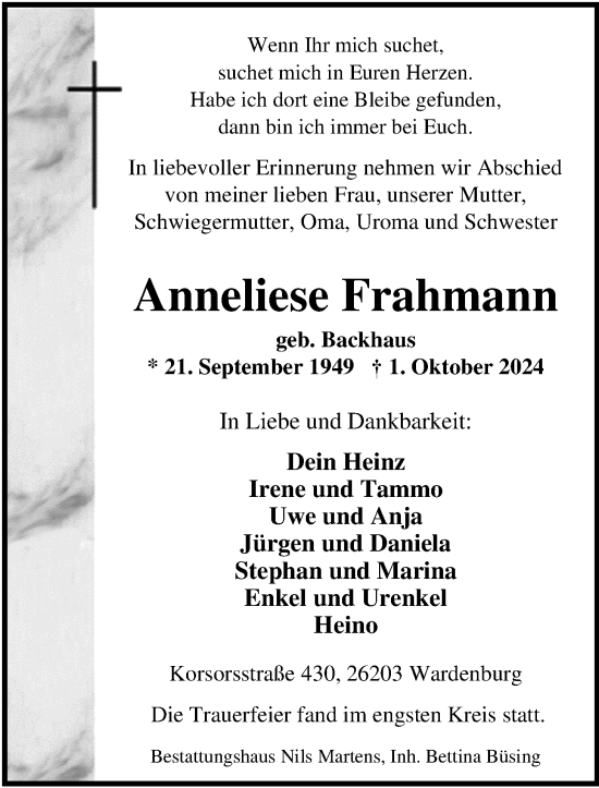 Traueranzeige von Anneliese Frahmann von Nordwest-Zeitung