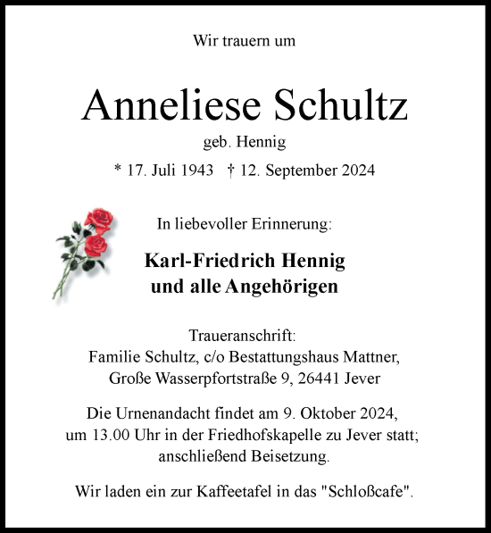 Traueranzeige von Anneliese Schultz von WZ/JW/AH