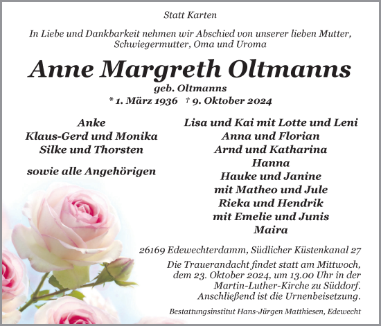 Traueranzeige von Anne Margreth Oltmanns von Nordwest-Zeitung