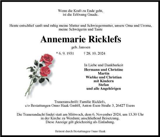 Traueranzeige von Annemarie Ricklefs von WZ/JW/AH