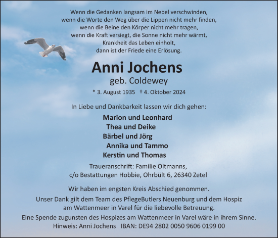 Traueranzeige von Anni Jochens von Nordwest-Zeitung